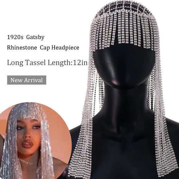 Long Rhinestone Headpiece Cap in Silver main image 4